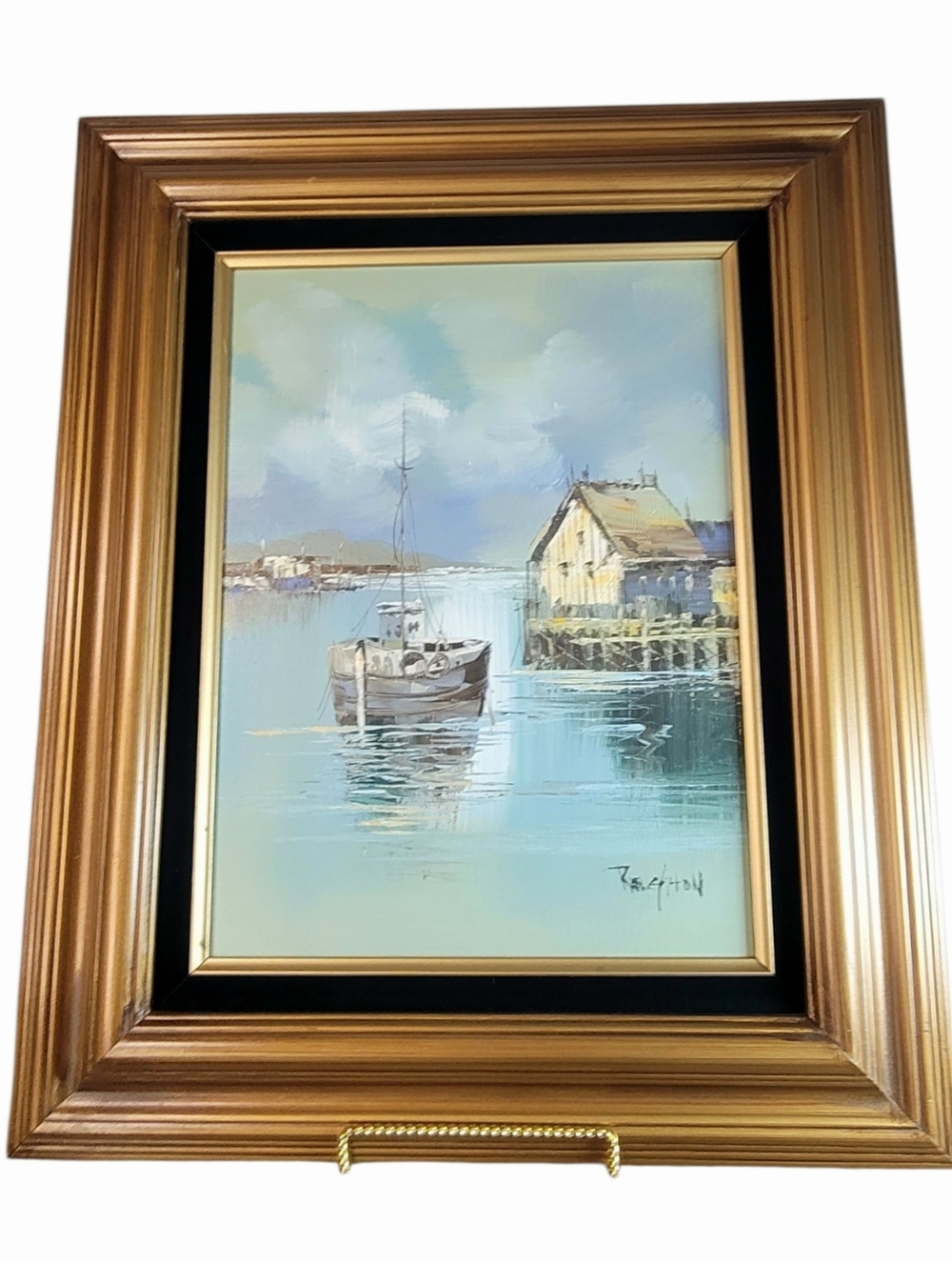 Framed Original Harbor Sail Boat Painting